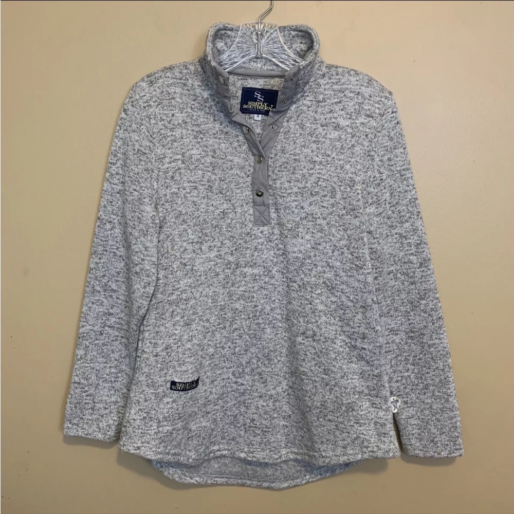 Simply Southern Sweater Women Small Heather Gray Fleece Knit Preppy Pullover